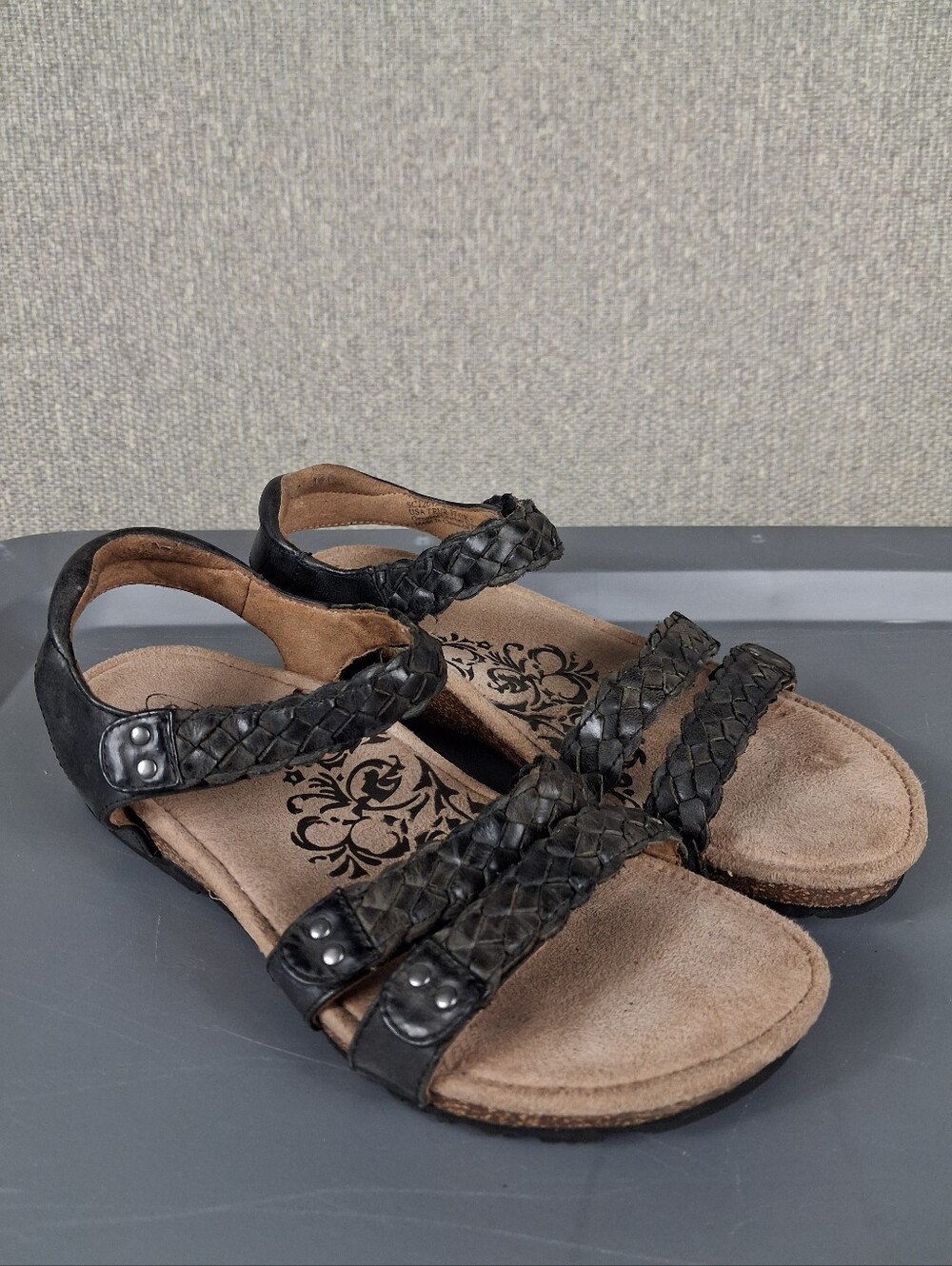 Aetrex Reese Sandals Size 7 Black Braided Leather Orthopedic Comfort Adjustable
